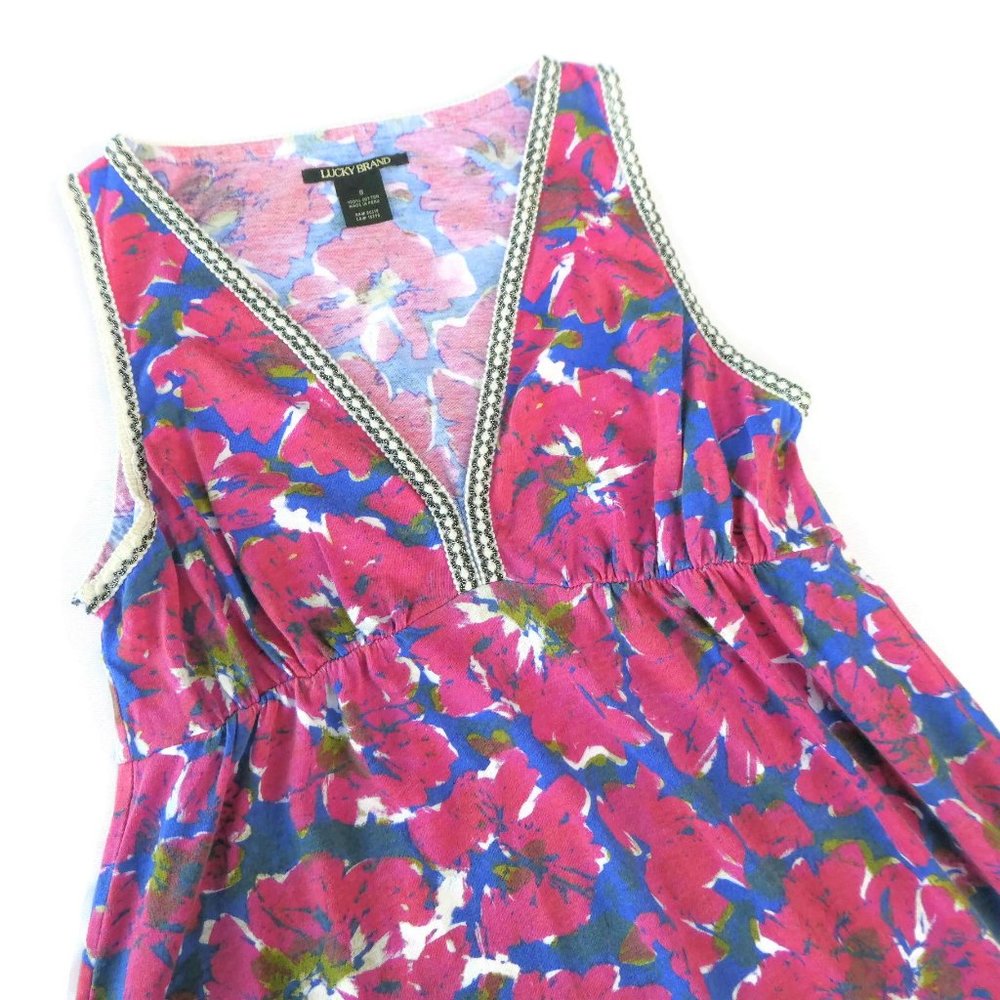 Lucky Brand Peru Maxi Dress Pink Blue Floral Cotton Silver Lurex Trim S - Picture 6 of 7